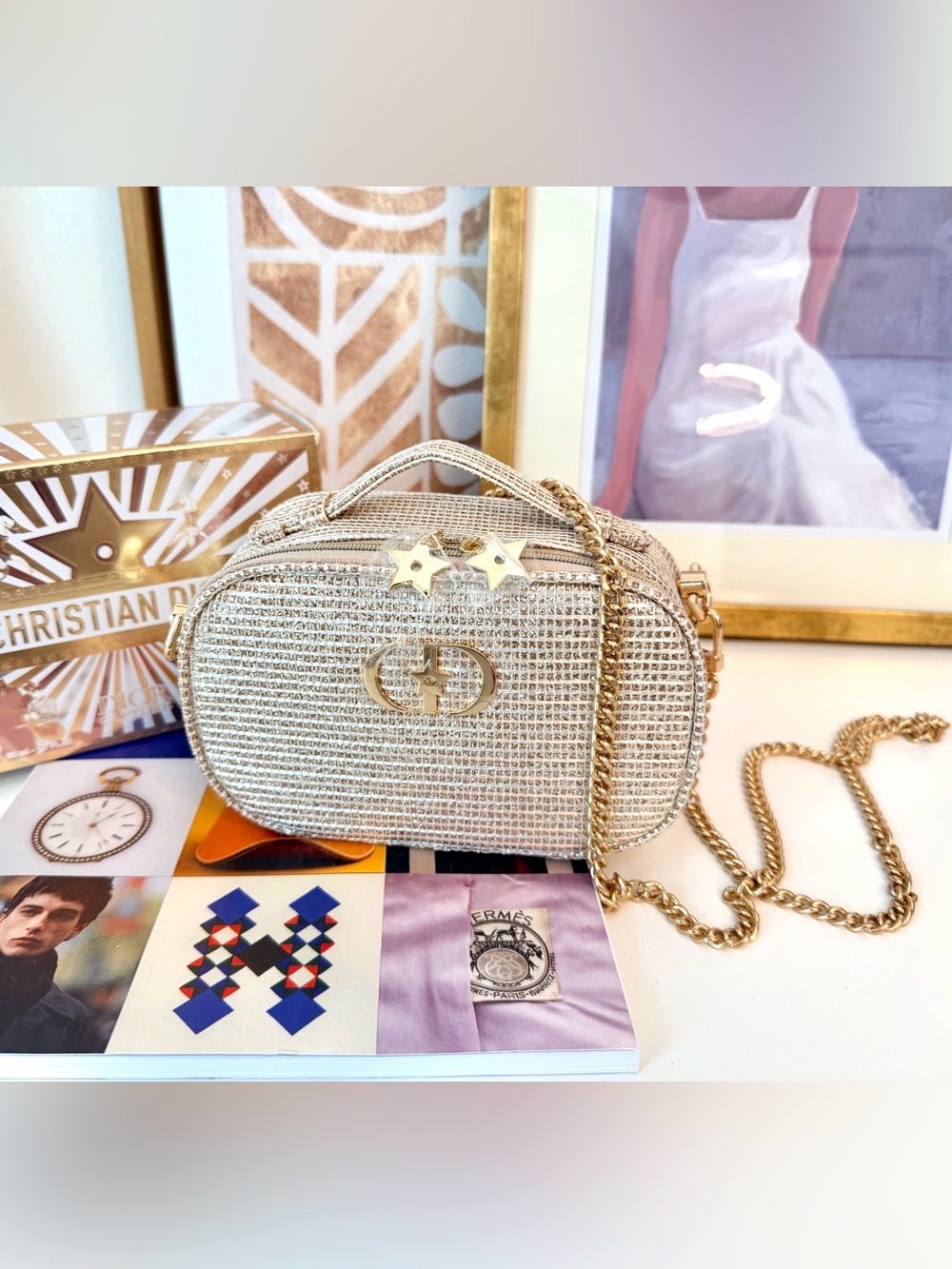Dior Metallic Tweed Zip Cosmetic Bag Crossbody Chain